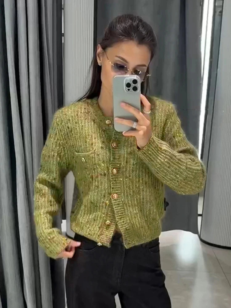 Elegant Knit Women's Short Cardigans Fashion O-neck Single Breasted Full Sleeve Female Sweater 2026 Autumn Lady Casual Knitwear