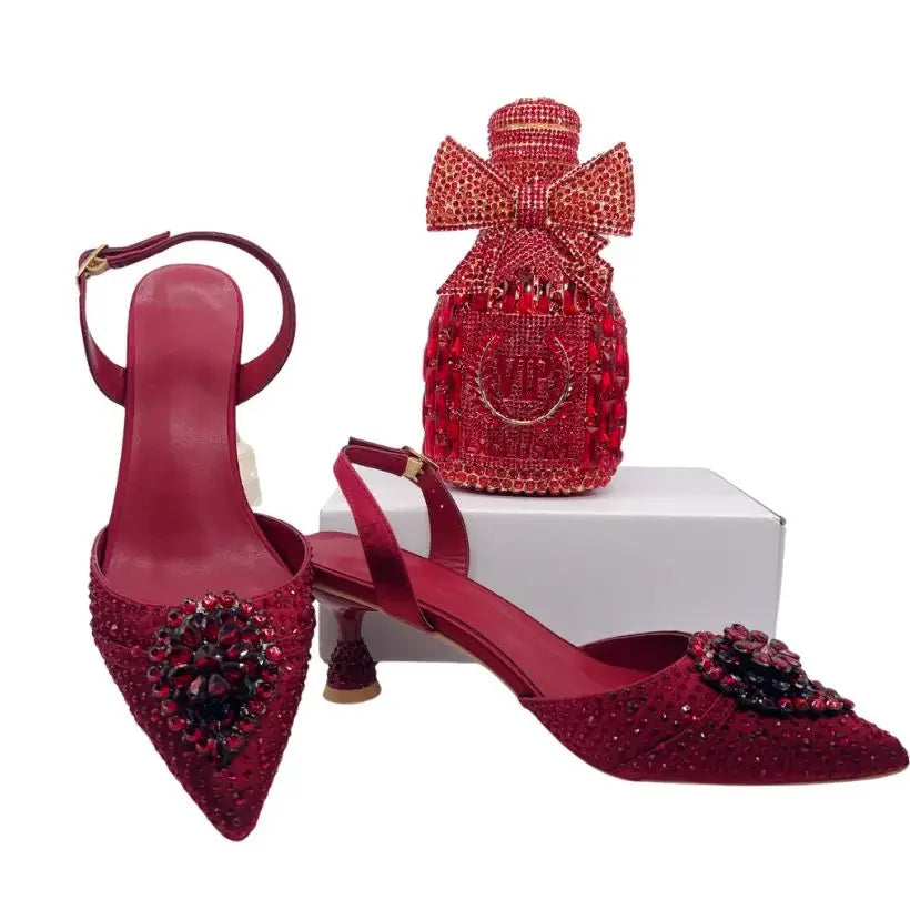 INSIGHTLINK Wine Color Rhinestone high heel shoes And Bag Fashion Style Pointed-Toe Shoes For Women Luxury Wedding Party Sandals