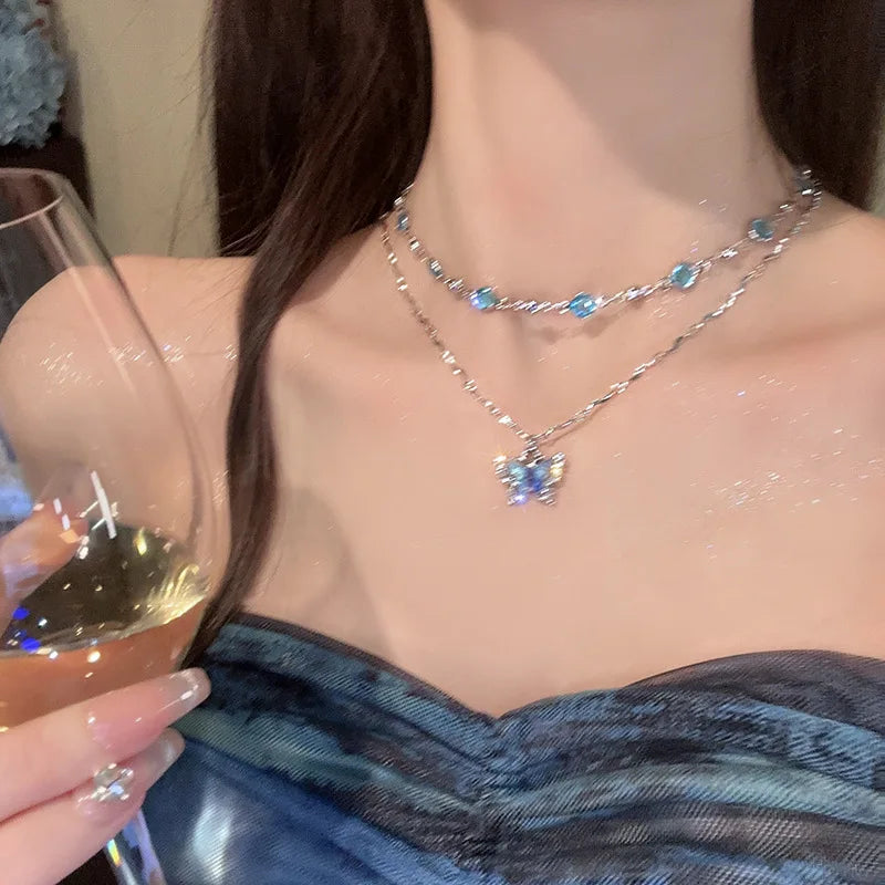 Luxury Crystal Zircon Butterfly Tassel Necklace for Women Elegant Double Layer Clavicle Chain Necklace Party Wedding Jewelry