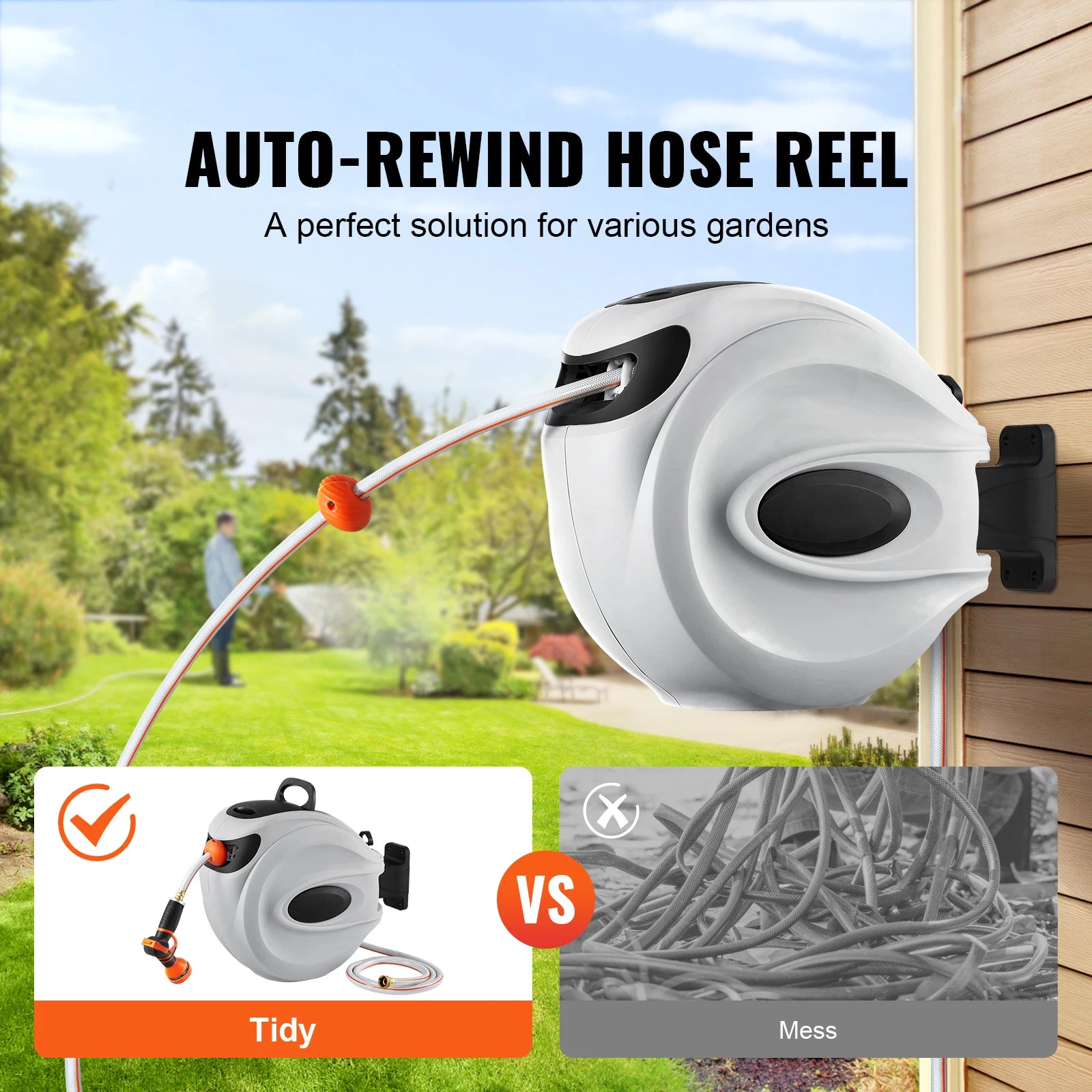 SucceBuy Retractable Hose Reel 180° Swivel Bracket Wall-Mounted Garden Water Hose Reel with 9-Pattern Nozzle Automatic Rewind