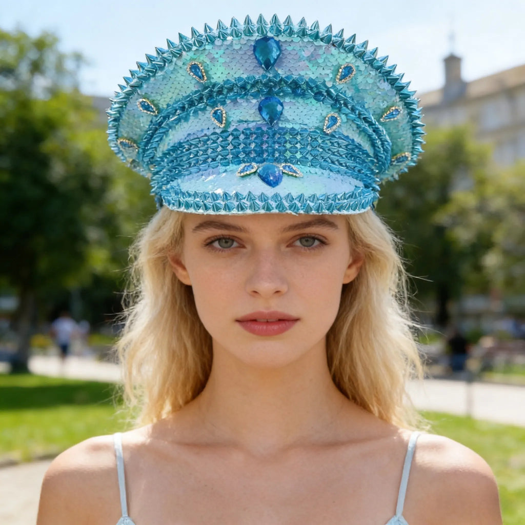 HongLuan Blue Steampunk Captain Hat Rhinestone for Burning Man Festival Woman, Vintage Military Accessories & Military Cap Man