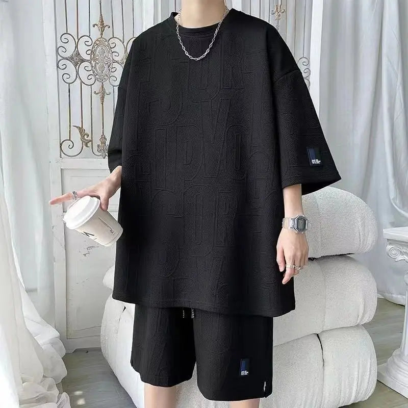 2026 3D Men's new Waffle TZ30 Summer Suit  Casual T-shirt + Shorts Suit Men's Tracksuit Solid color tracksuit loose suit