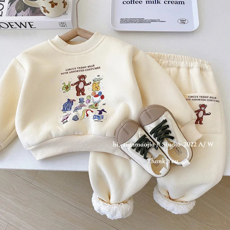 Winter Plush Warm Children's Sets Cute Bear Girls' Boys Thick Cartoon Printed Plush Sweater Pant 2 Pcs Casual Baby Cothes