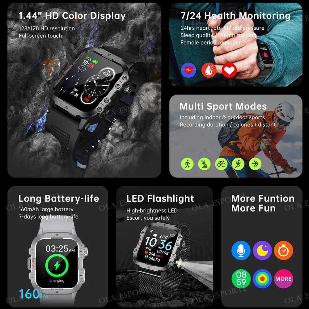 2025 New Military Smart Watch Men IP67 3ATM Waterproof Outdoor Sports Fitness Tracker Health Monitor 1.44Inch BT Call Smartwatch