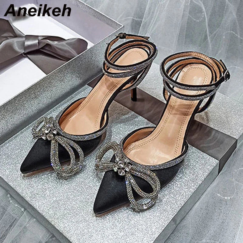 Aneikeh PVC Style Glitter Rhinestones Women Pumps Crystal Bowknot Satin Lady Silk High Heels Party Shoes 2025 Spring Size 35-42