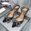 Aneikeh PVC Style Glitter Rhinestones Women Pumps Crystal Bowknot Satin Lady Silk High Heels Party Shoes 2025 Spring Size 35-42