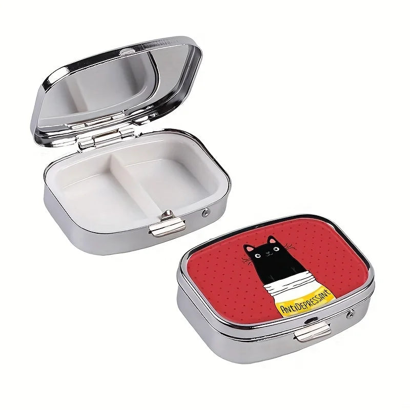 Cute Black Cat Cartoon Pill Box - Compact 2-Compartment Medicine Organizer, Portable for Travel & Purse, Unique Gift Idea