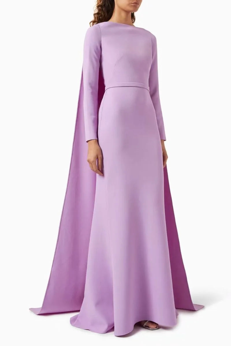 Customized Women Lilac Cape Sleeve Evening Dress Boat Neck Long Sleeve Mermaid Floor Length Formal Wedding Guest Party Gown