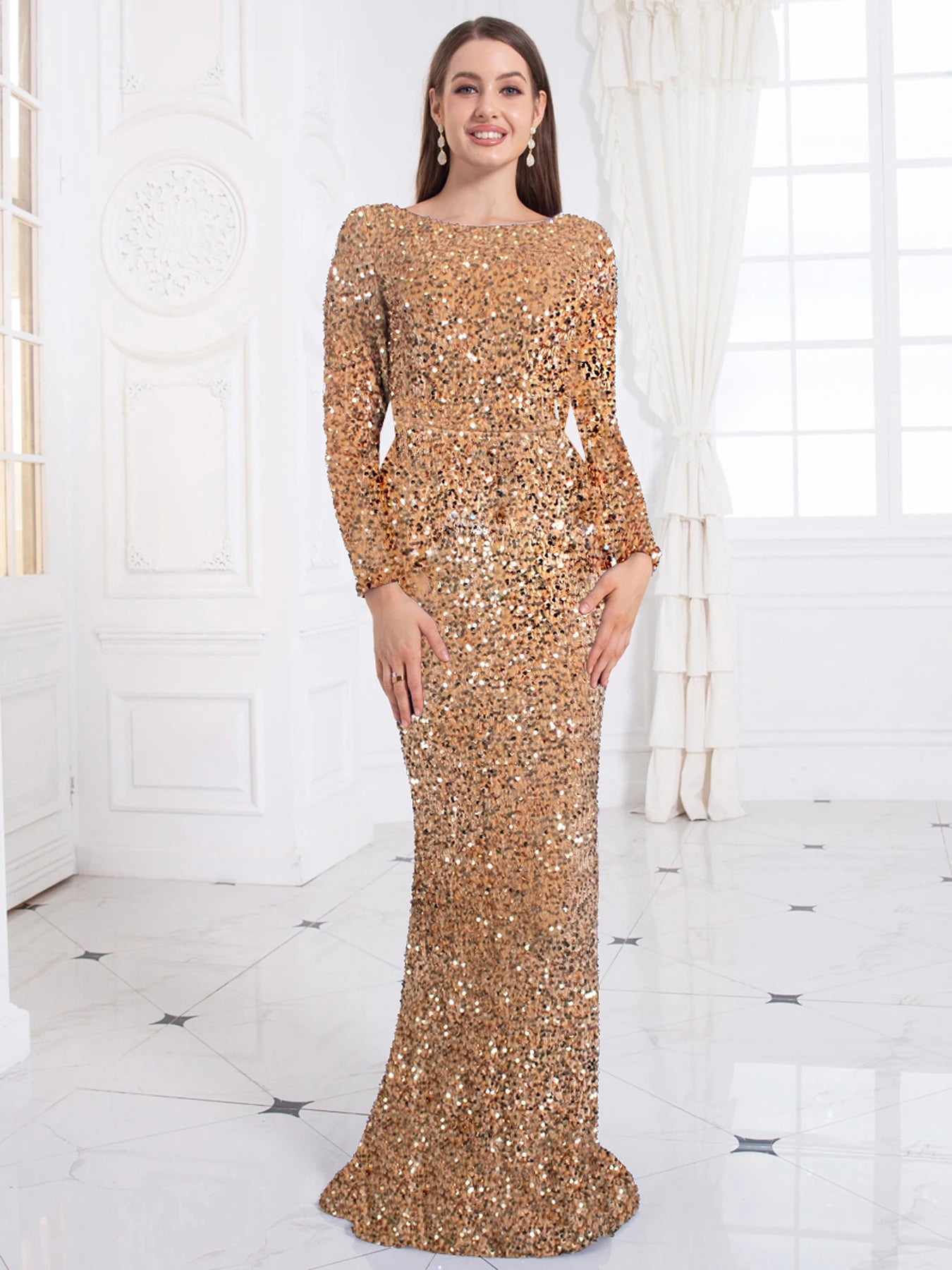 Romagic Women Modest Stretch Sequin O Neck Evening Prom Gown Party Long Dresses Full Sleeved Mermaid Formal Dinner Elegant Dress