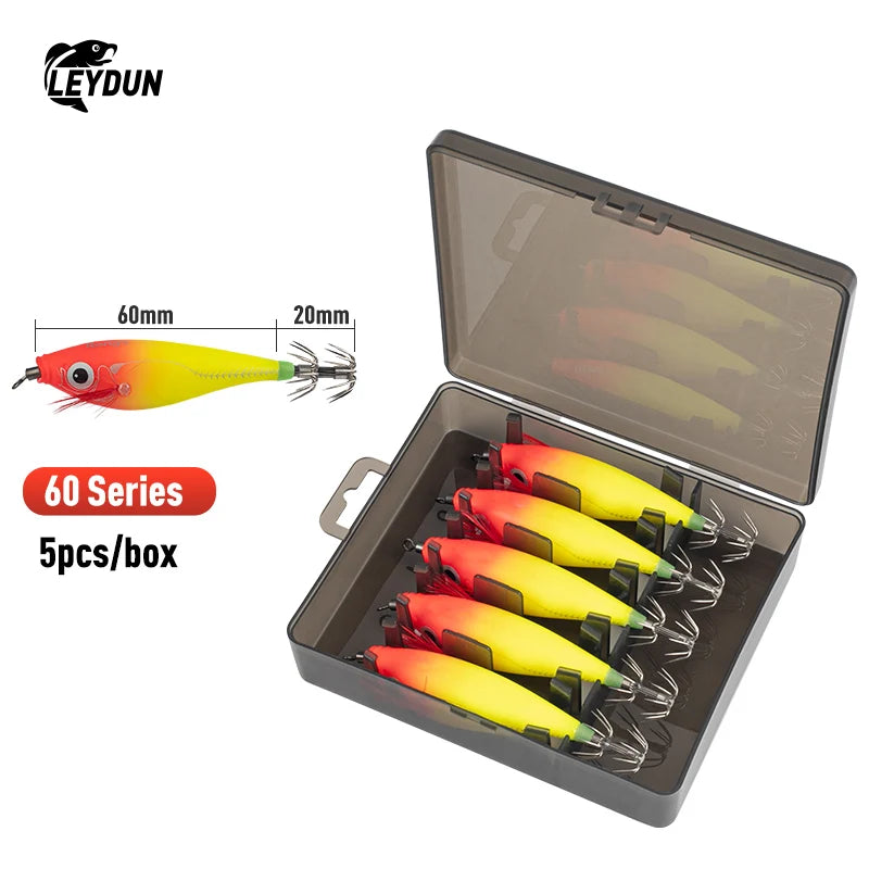 LEYDUN Luminous Horizontal Squid Jig Wood Shrimp Squid Hook 5pcs Fishing Lures LEYDUN Octopus Cuttlefish Shrimp Saltwater Baits