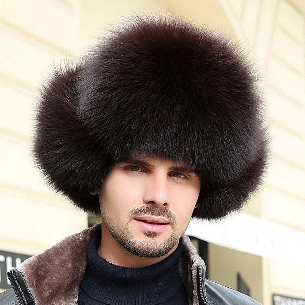 Winter Men's Ushanka Cap Real Silver Fox Fur Hooded Raccoon Fur Trapper Russian Ski Hat Real Leather
