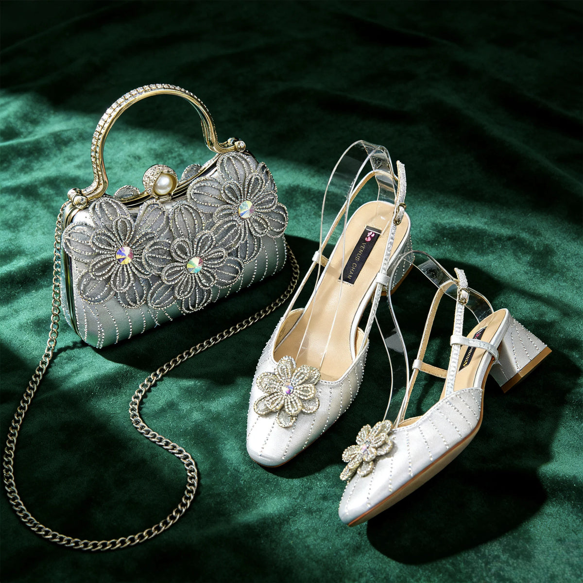 Party Shoes and Bag Ladies Heel Decoration Pure Elegant Flower Wedding Shoes and Bag Full Rhinestone Fashion Handbag