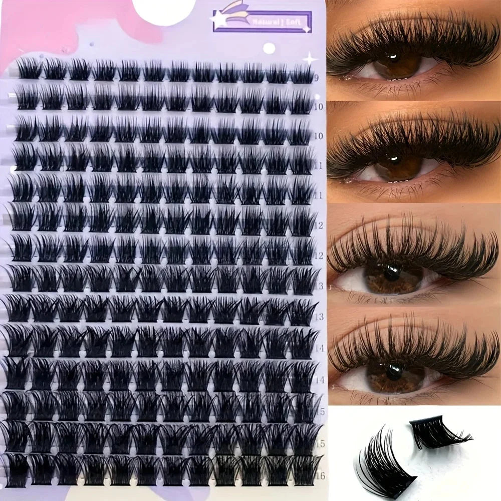 DIY Clustered False Eyelashes, 14 Rows of Mink Fur Imitation Real and Fake Eyelashes, D-Roll 9-16mm Mixed Natural Eyelash Extens