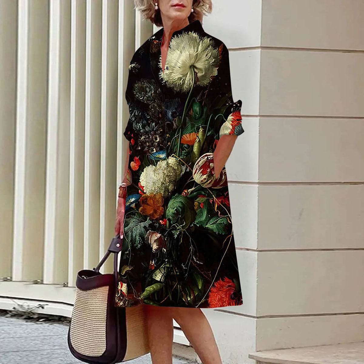 Summer New Women's Dresses Crushed Floral Long Sleeve Lapel Midi Luxury Women's Street Women's Shirt Pocket Temperament 2023