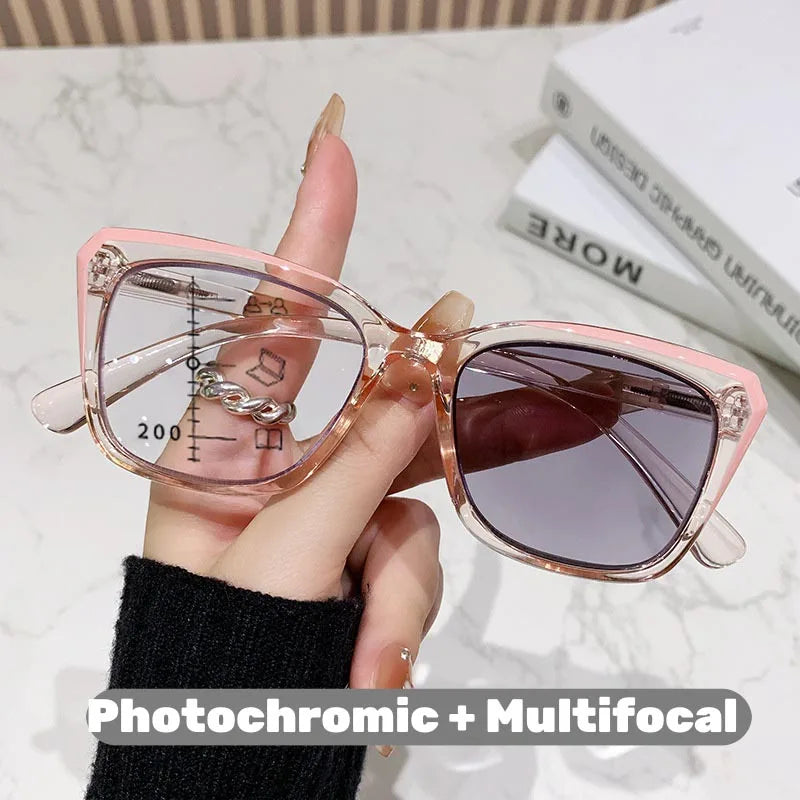 Transparent Frame Photochromic Multifocal Reading Glasses for Women Men Fashion Progressive Anti Blue Light Presbyopia Glasses