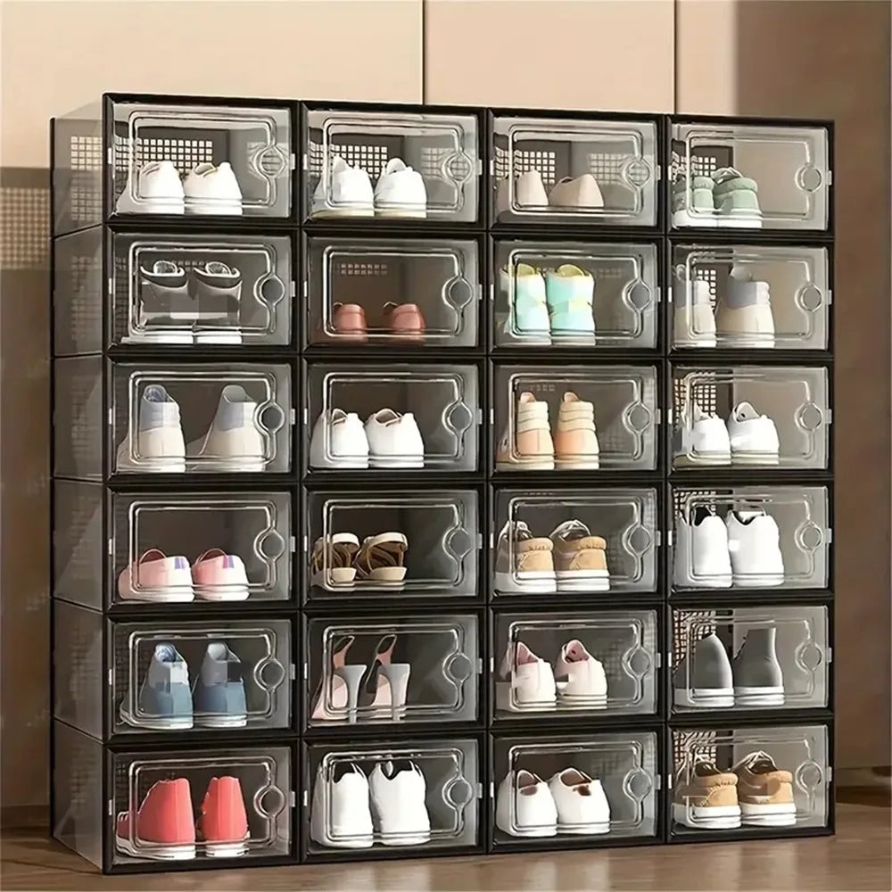 24pcs Large Stackable Plastic Shoe Storage Boxes Dustproof Transparent Display Cabinet for Men/Women Sports Shoes Boots Hat Orga