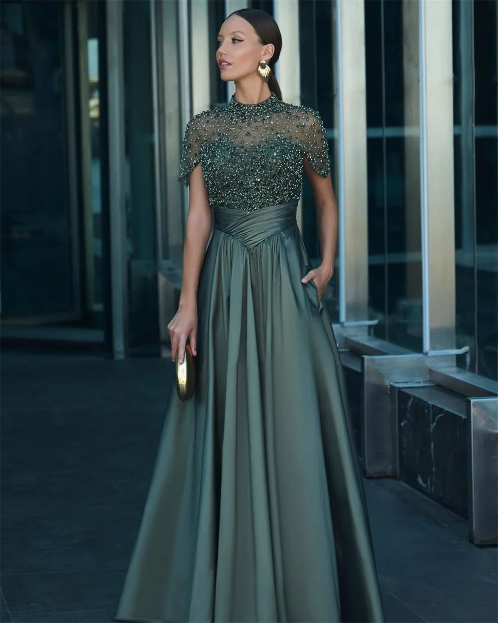Sansa Customized Moss Green High Collar Short Cape Sleeve Evening Dress Full Rhinestone Mesh Top Pleated Floor Length Prom Gown