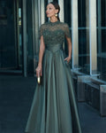 Sansa Customized Moss Green High Collar Short Cape Sleeve Evening Dress Full Rhinestone Mesh Top Pleated Floor Length Prom Gown