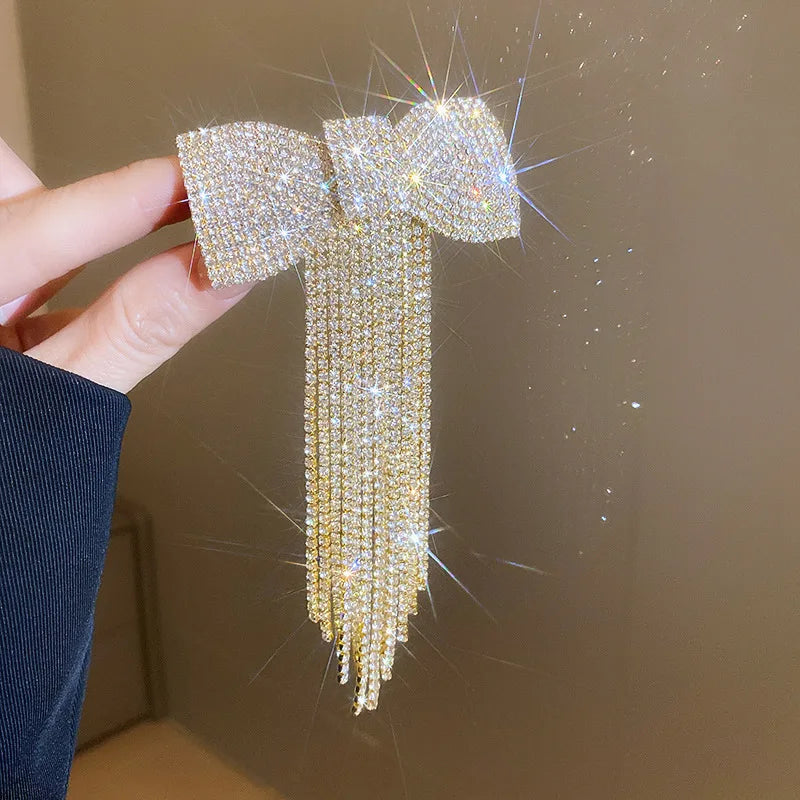 Rhinestone Bow Fringe Hairpin for Women Fashion Temperament Hair Clip Korean Light Luxury Hair Accessories Gold Silver Color