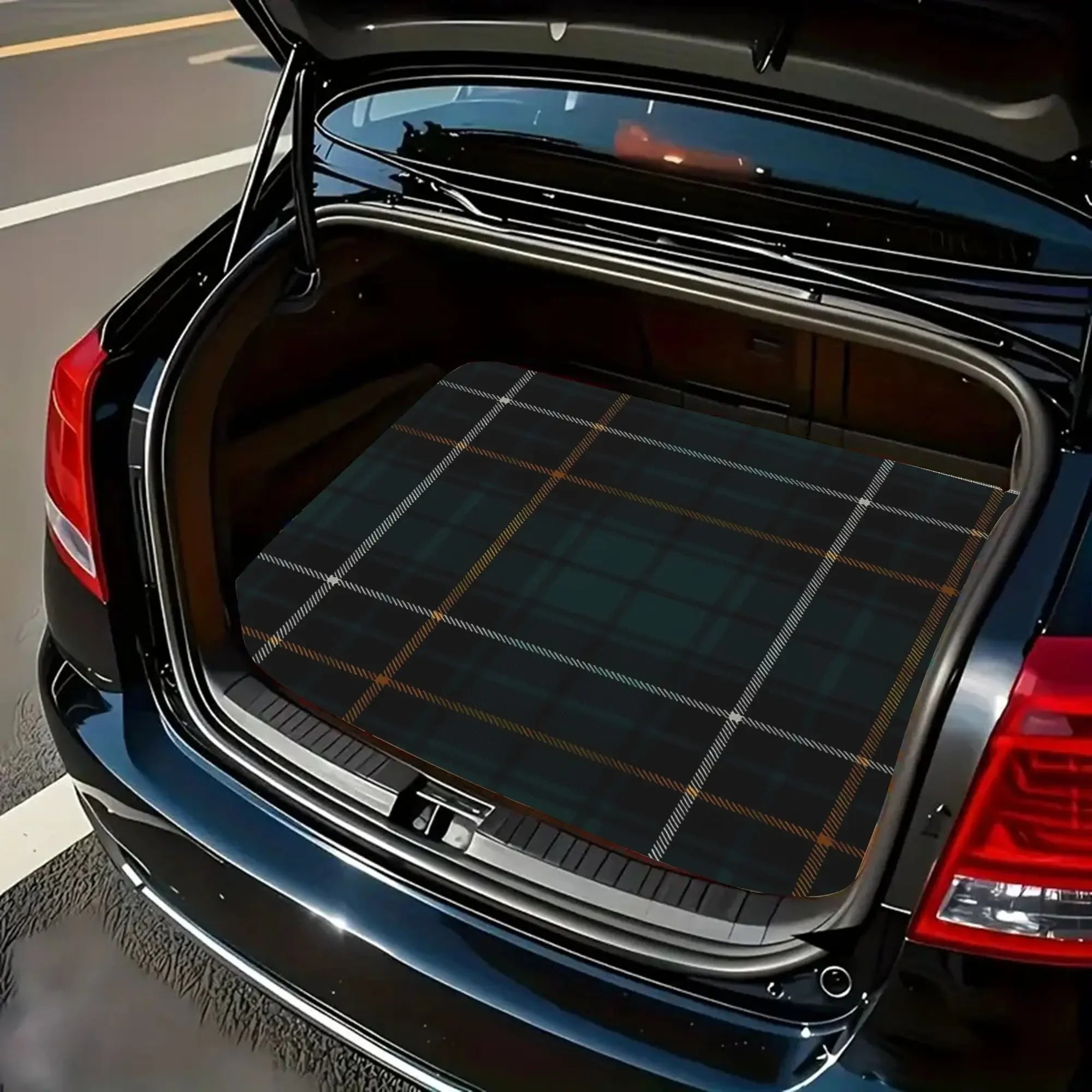 Macalpine Scottish Tartan Car Mat - Easy to Clean Cargo Liner Featuring a Green And Brown Plaid Pattern, Suitable for Large Dogs