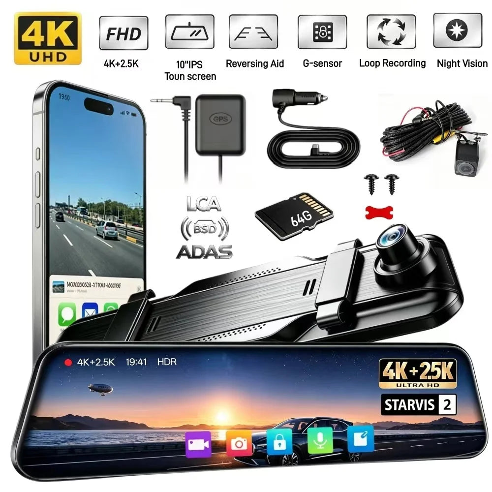 4K+2.5K Mirror Dash Cam with Front IMX678 & Rear, 10" Rear View Mirror Camera, 170° Wide-Angle, Reversing Aid, G-sensor, Looped Recording, Night Vision, 5.8GHz WiFi, External GPS, ADAS & BSD & LCA, 64G TF Card, X10 Pro Max