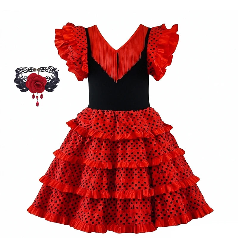 Girls Spanish Flamenco Dress Red Polka Dot Cake Puff Kids Carnival Halloween Party Stage Show Cosplay Festival Dance Costume