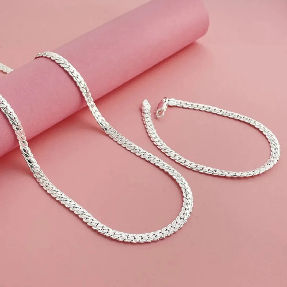 Fine Brands 5MM Flat Chain 925 Sterling Silver Bracelets Necklaces Jewelry Sets for Men Women Fashion Wedding Gifts