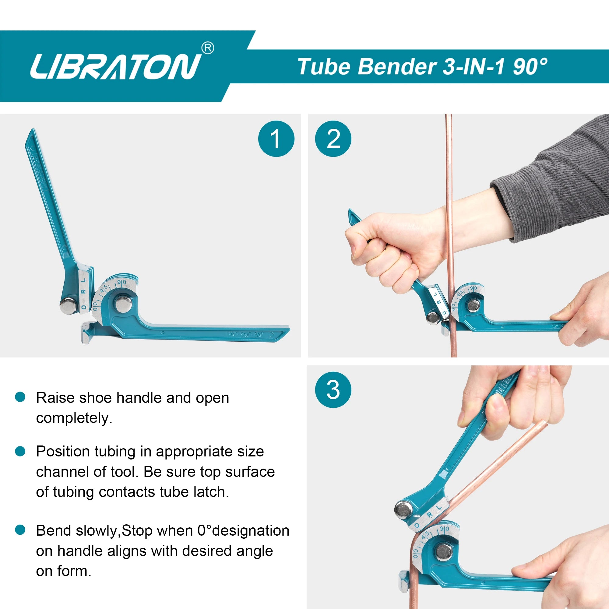 LIBRATON Tube Bender, Pipe Bender, 3-IN-1, 1/4"(6mm), 5/16"(8mm), 3/8"(10mm), for Copper, Brass, Aluminum and Thin Steel Pipes