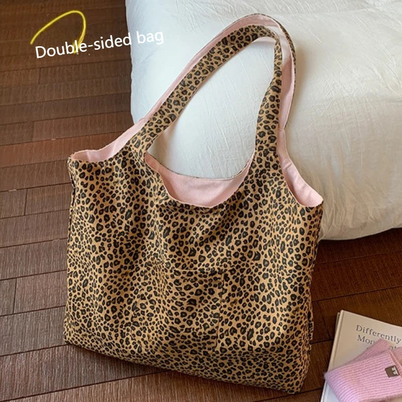 Leopard Print Vest Shoulder Bag for Women Double-sided Female Retro Suede Tote Purse Fall Winter Ladies Contrast Color Handbags