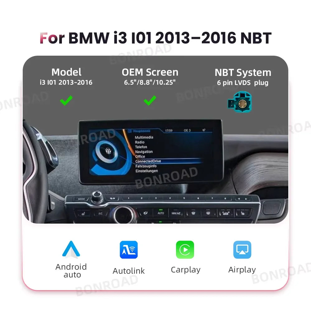 BONROAD Wireless CarPlay Android Auto Retrofit Interface Adapter Fit BMW i3 I01 NBT System Support Wireless AirPlay Mirror Link Bluetooth Handsfree Call Online GPS Navigation Decoder Box
