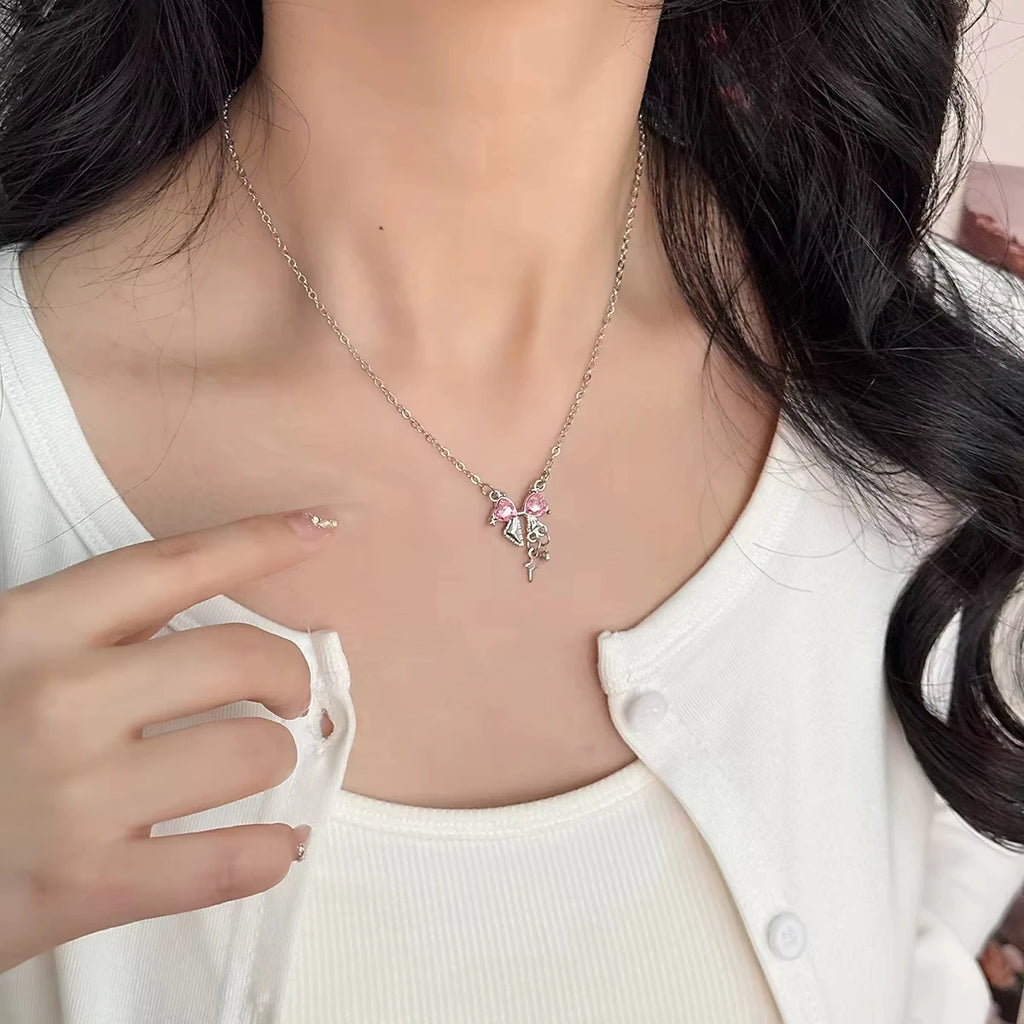 Sweet Pink Bow Necklace Ladies Fashion Sparkling Rhinestone Star Shape Pendant Clavicle Chain Delicate Wedding Accesories C