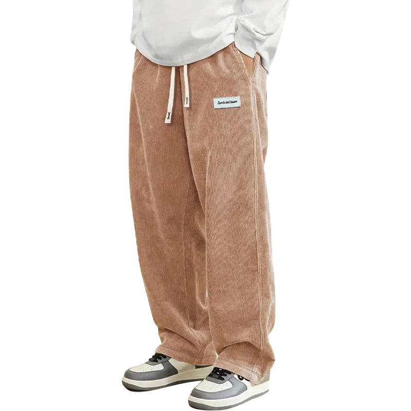 Autumn Mens Corduroy Casual Pants Fashion Loose Fit Pants Straight Sweatpants Elastic Waist Drawstring Outdoor Streetwear