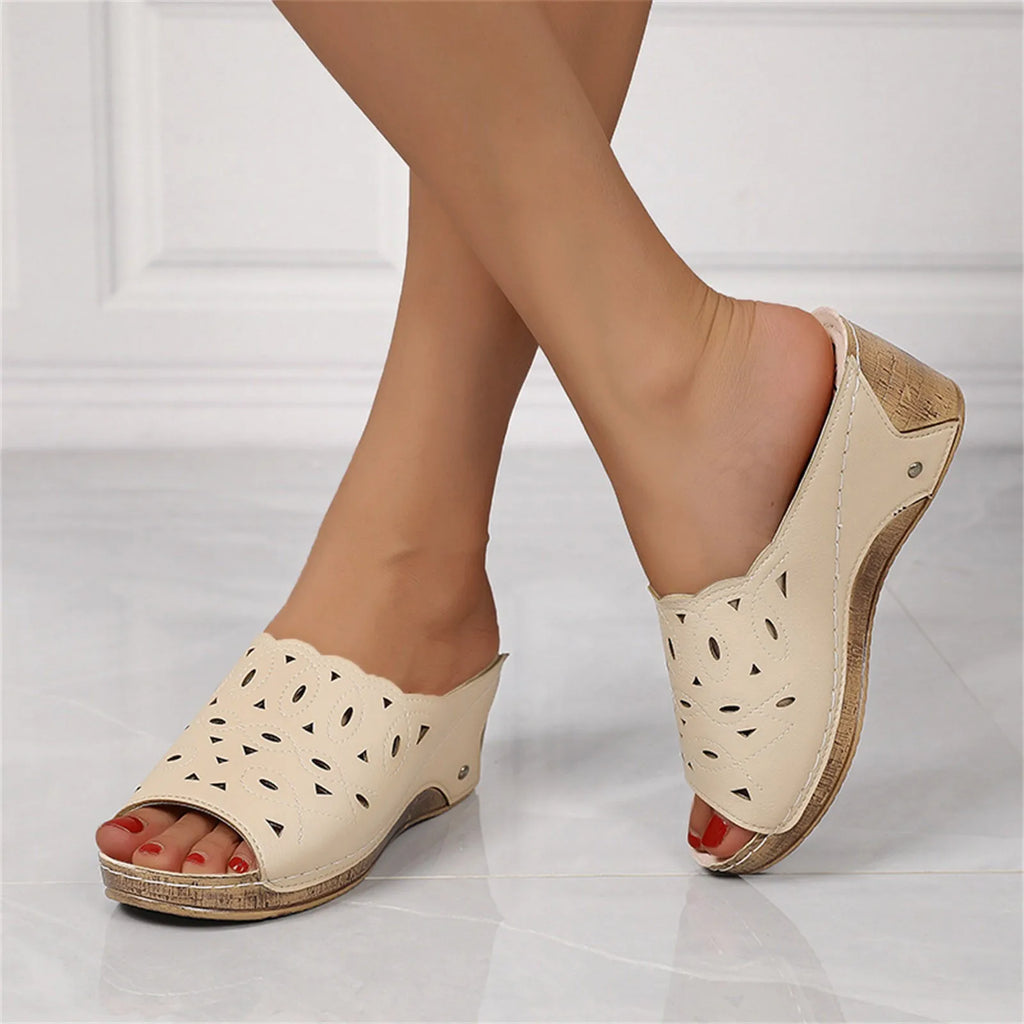 Women'S Sandals Summer 2024 Leather Hollowed Out Fish Mouth Sloping Heel  Roman Sandals Fashionable Solid Color Slippers Heels