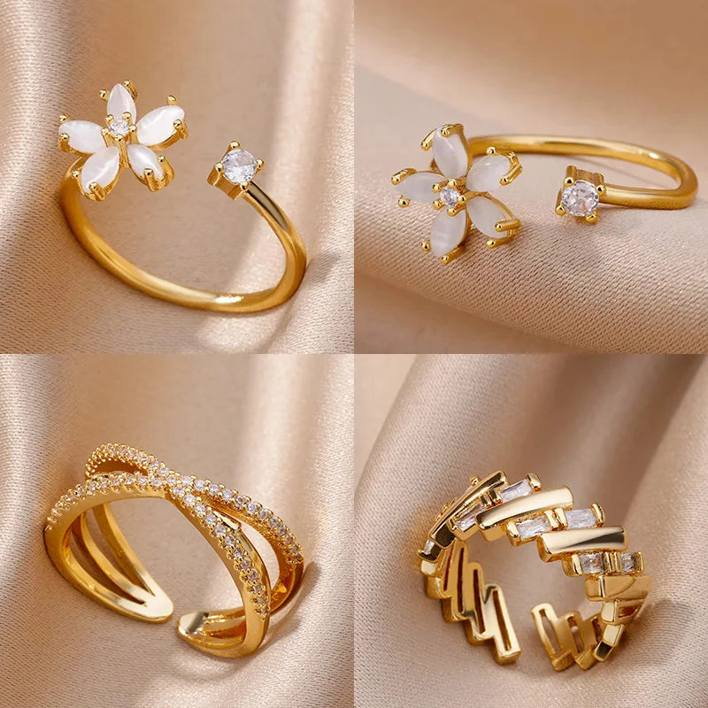 Opal Flower Rings For Women Cubic Zirconia Openning Stainless Steel Flower Ring Wedding Floral Aesthetic Jewelry anillos mujer