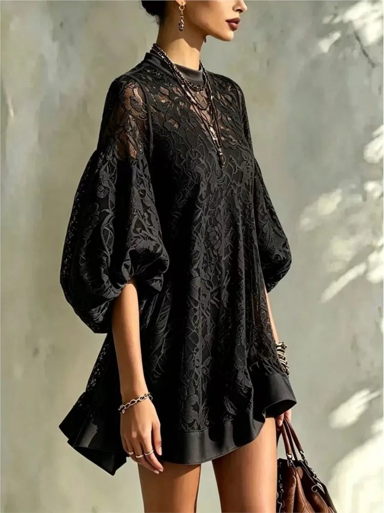 Women Solid Floral Lace Mini Dress Autumn O Neck Lantern Sleeve Mesh Sheer Loose Dresses Boho Casual Beach Holiday Ruffle Dress