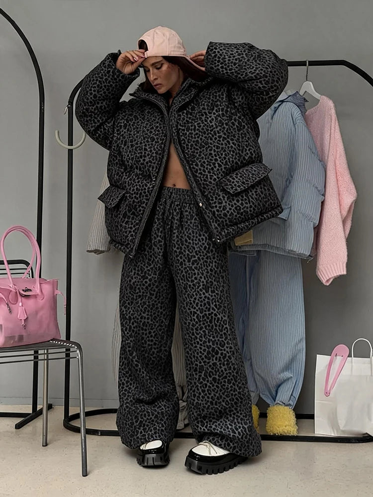 Women Leopard Print 2‑Piece Outfit Hooded Puffer Coat Wide Leg Pants Set Loose Warm Winter Street  Ladies Matching Outfit Suit