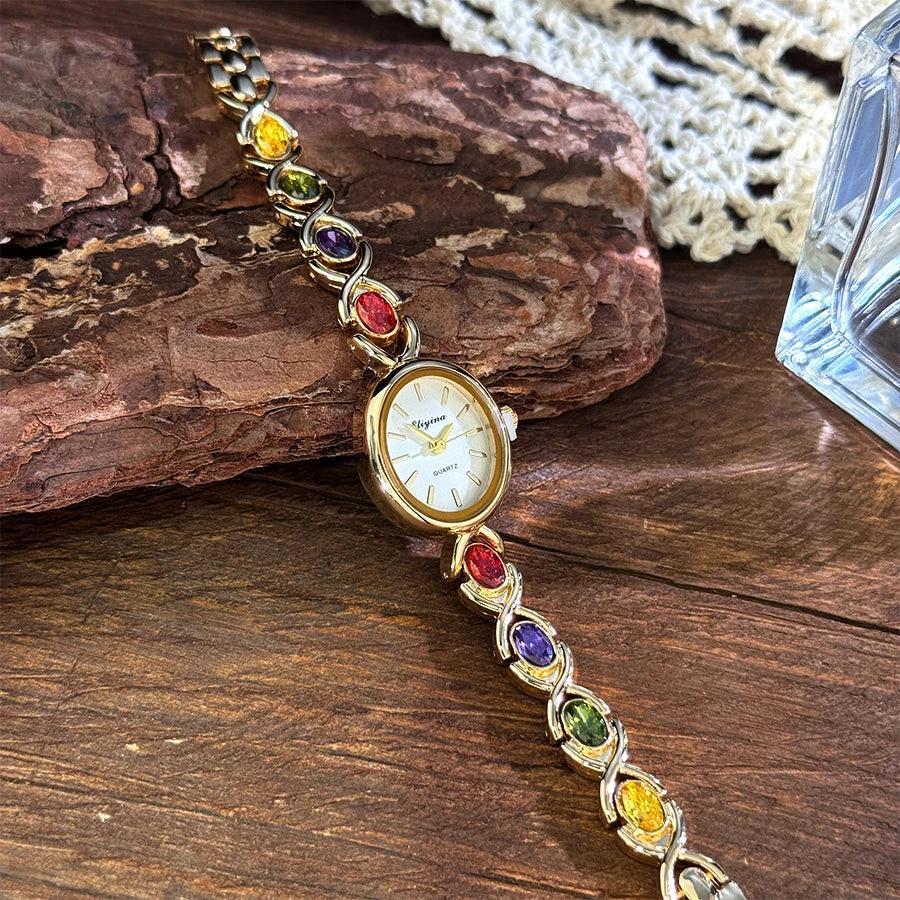Elegant Lady's Retro round Color Gem Rainbow Quartz Watch with Chain Scale French Luxury Fashionable Ladies' Timepiece