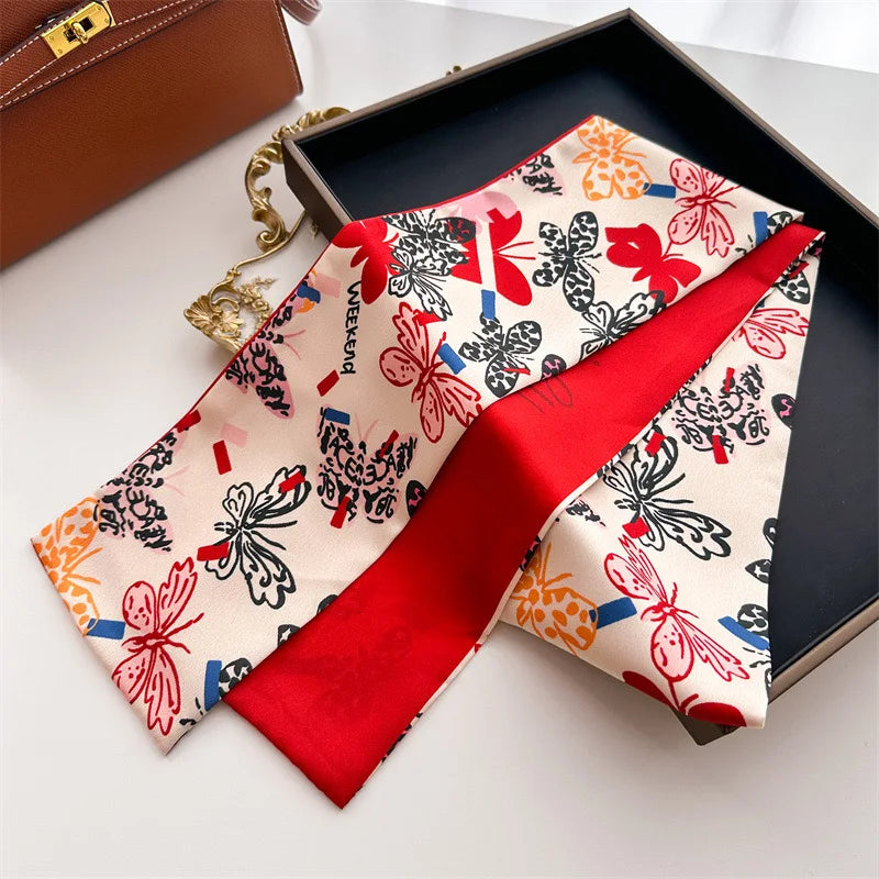 Floral Print 12*145cm Long Ribbon Silk Scarf Women Neck Scarves Headband Female Skinny Neckerchief Hair Band Neck Tie Bag Ribbon