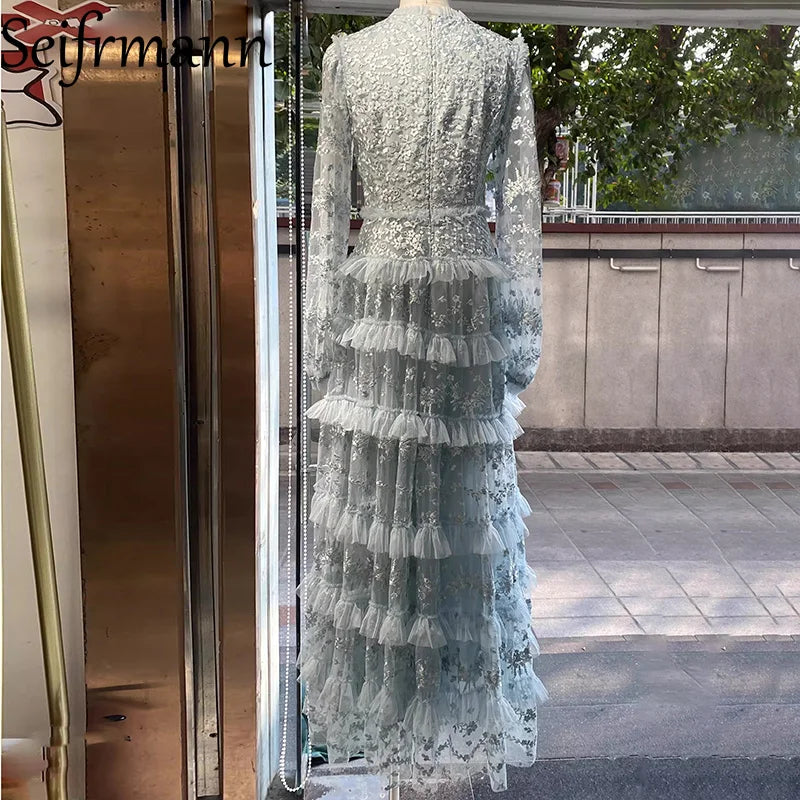 Seifrmann 2026 Spring Women's New Fashionable Round Neck Long Sleeve Mesh Embroidered Waist cinching Long Dress