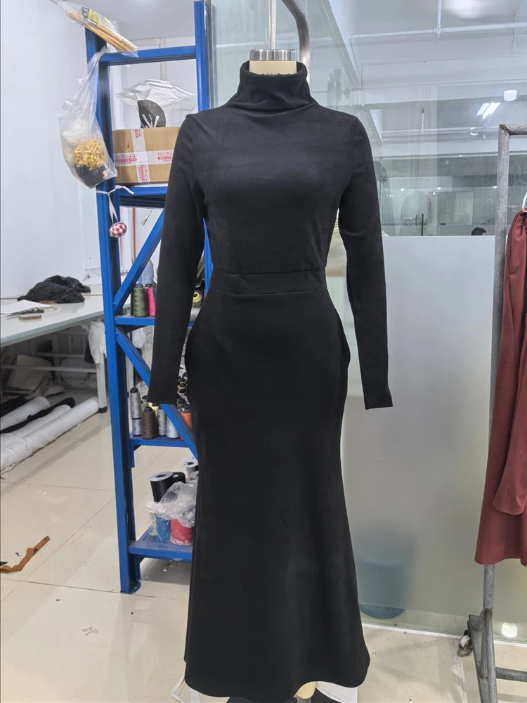 Spring/Autumn 2026 New Arrivals European & American Women's Wear Elegant High-Neck Fitted Long-Sleeve Knitted Dress Evening Wear