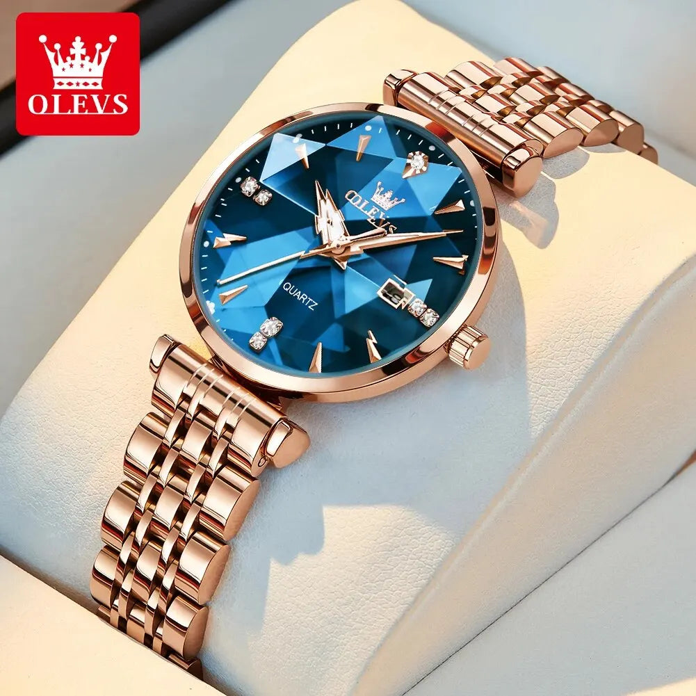 OLEVS 5536 Quartz Watch for Women Fashion Luxury Rhombus Mirror Rose Gold Stainless Steel Waterproof Luminous Ladies Wristwatch