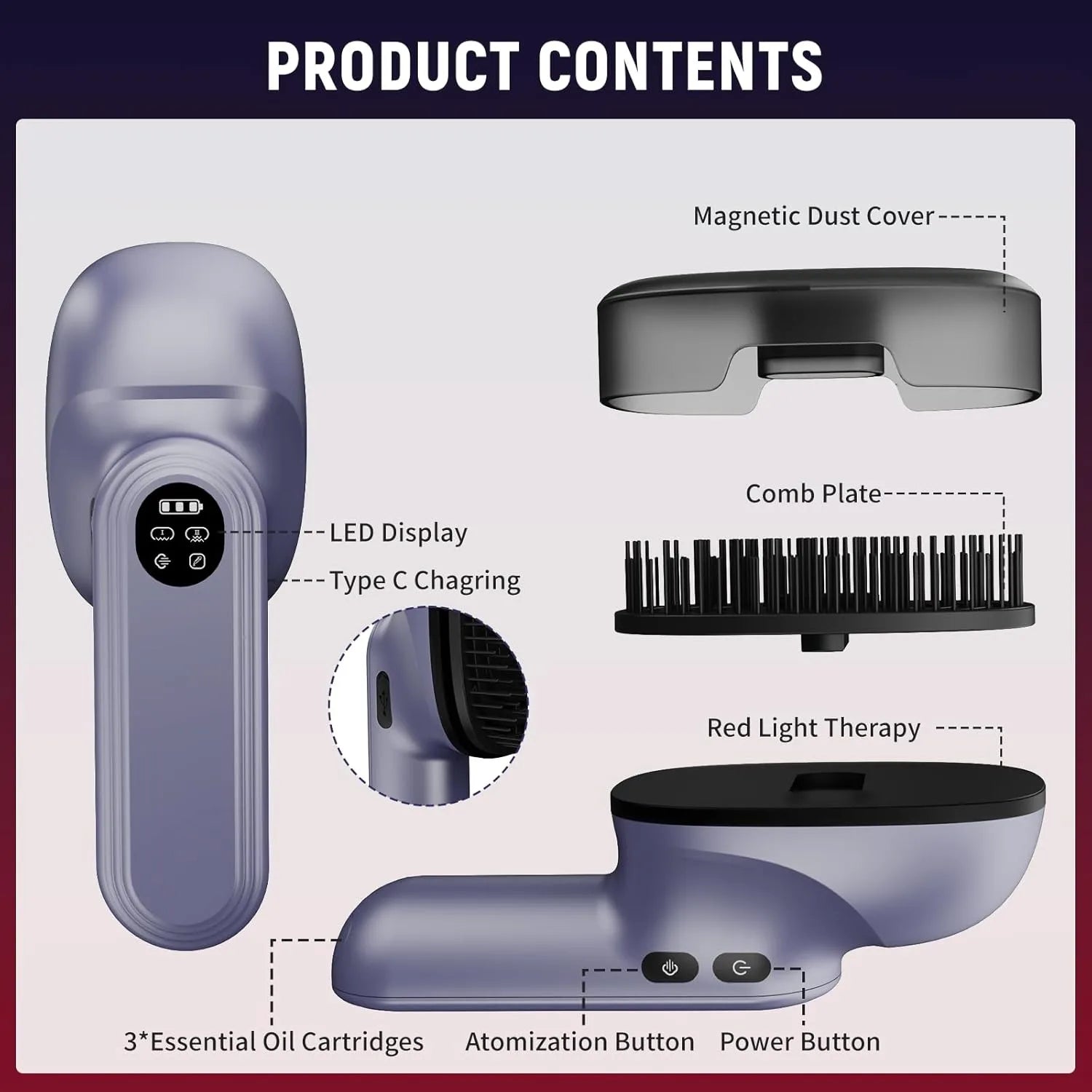 Massage Comb Red Light 360° Kneading 2 Level 167*Massage Bristles Vibration 3*Essential Oil Cartridges Atomization Head Massager