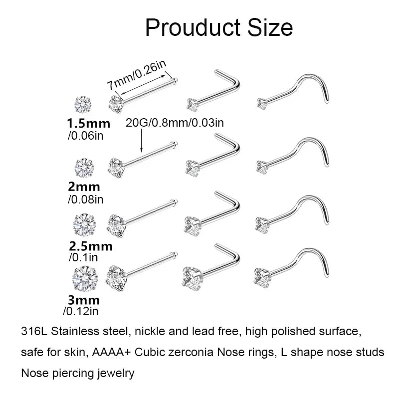 4/12PCS 20G 316L Stainless Steel Zircon Nose Piercing Stud for Women Men, L Shape Nose Ring Nose Screw Nose Piercing Jewelry