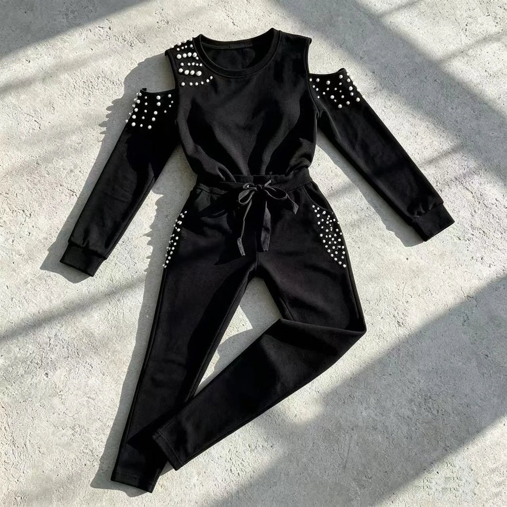 2 Pieces Sets Women Europe 2026 Sexy Nail Bead Pure Color Round Collar top+Long Sports pant suits fall Dropshipping ZXP9596