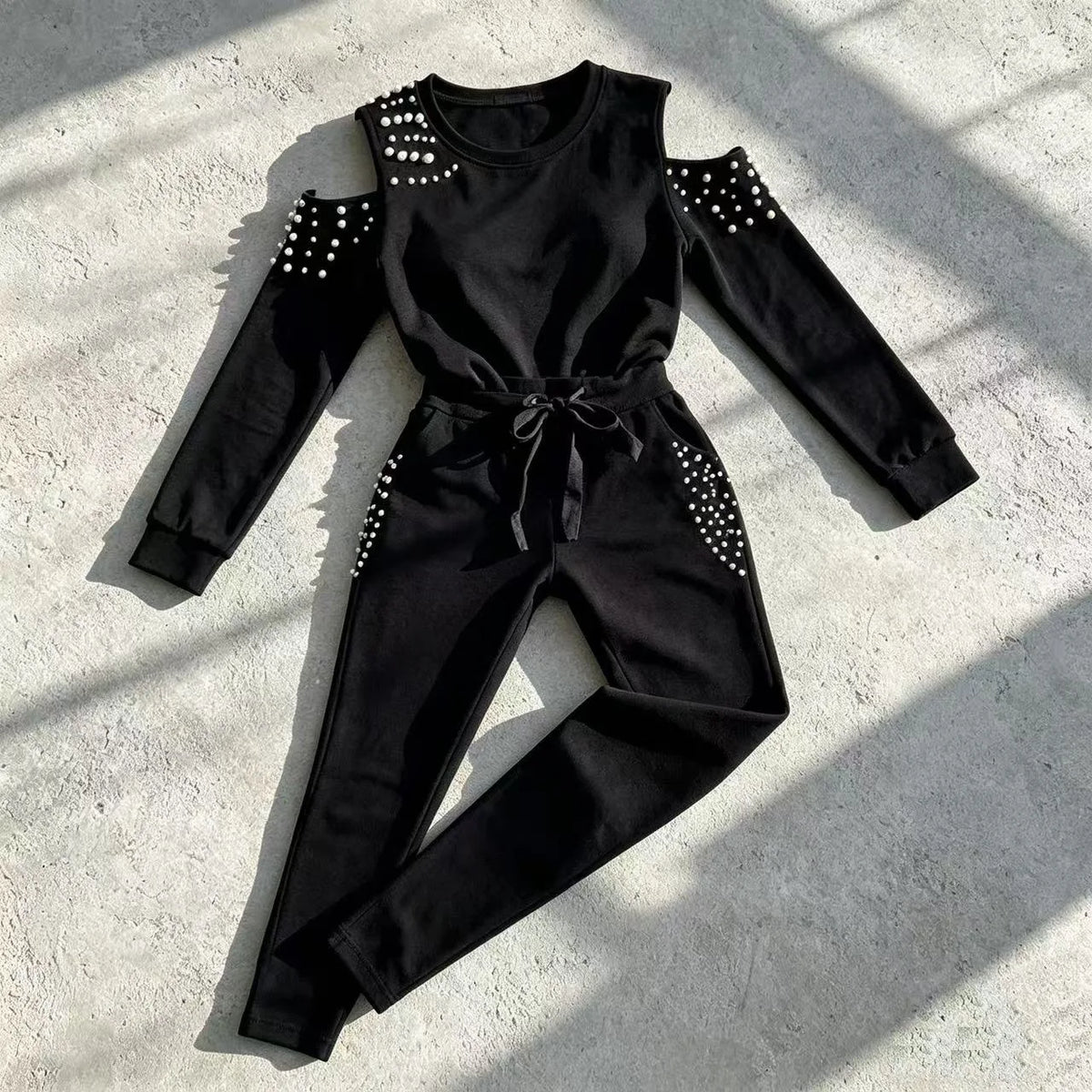 2 Pieces Sets Women Europe 2026 Sexy Nail Bead Pure Color Round Collar top+Long Sports pant suits fall Dropshipping ZXP9596