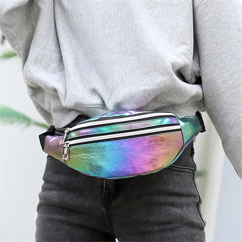 DX Holographic Fanny Pack Hologram Waist Bag Laser Beach Travel Banana Hip Bum Zip Waist Bags Women Belt Bag For Girls