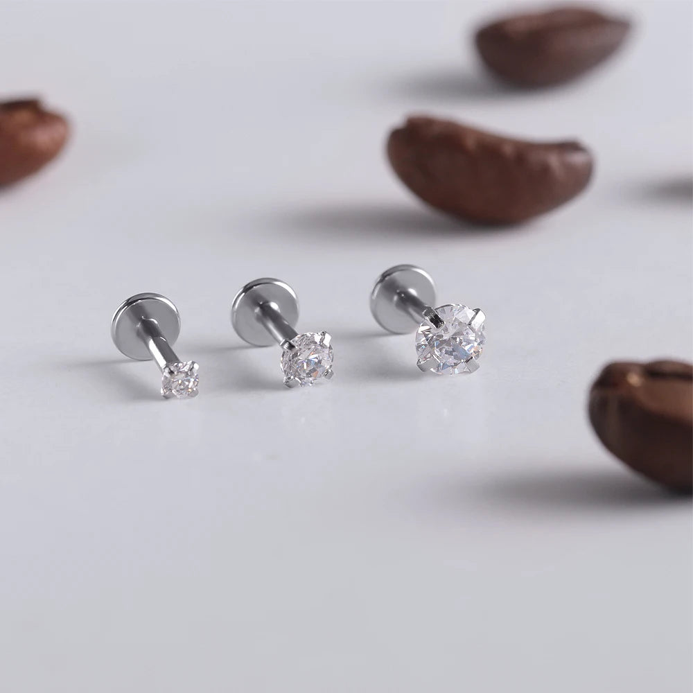 Surgical Steel CZ Flat Back Labret Stud 16G 6mm 8mm Internally Threaded for Cartilage Helix Tragus Lip Hypoallergenic Piercing