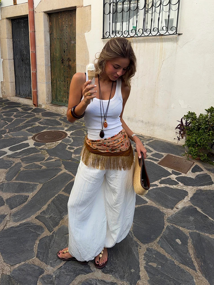 Vintage Satin Square Print Tassels Scarf Women Chic Fashion Versatile Female Accessory 2026 Summer New Vacation Ornament Lady
