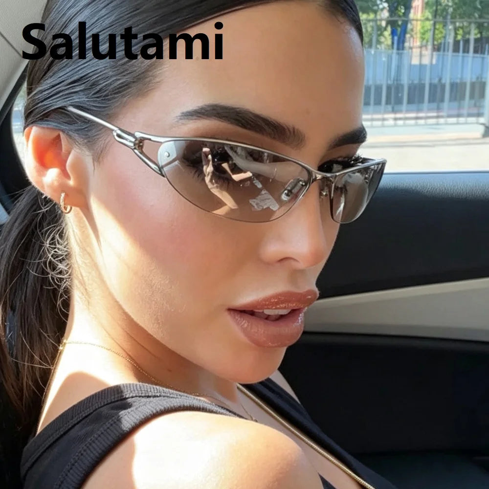 New Silver Y2K Metal Cat Eye Sunglasses Women Fashion Half Frame Clear Gradient Shades UV400 Men Trending Sun Glasses Uv400