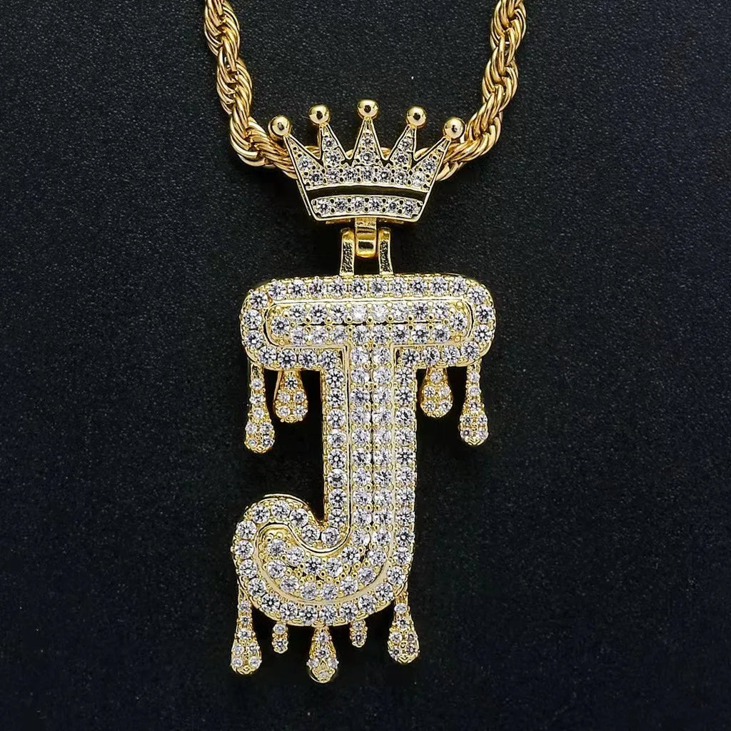 Hip Hop Iced Out Bling Cubic A-Z Drip Crown Zircon Initial Letters Necklaces Pendant Necklace Chain Men Jewelry with Rope Chain